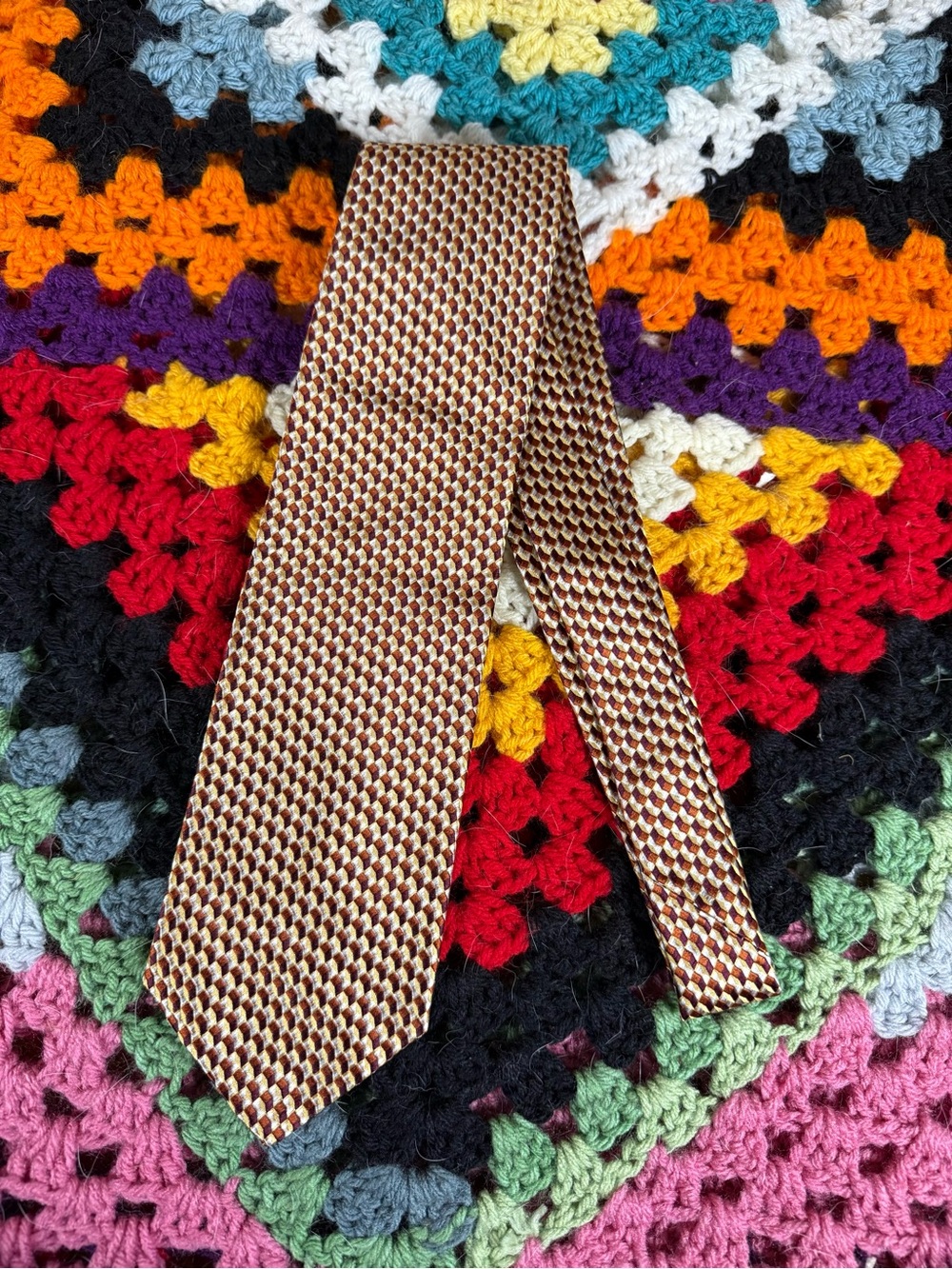 Bachrach Brown/Red and Gold Geometric Woven Silk Tie